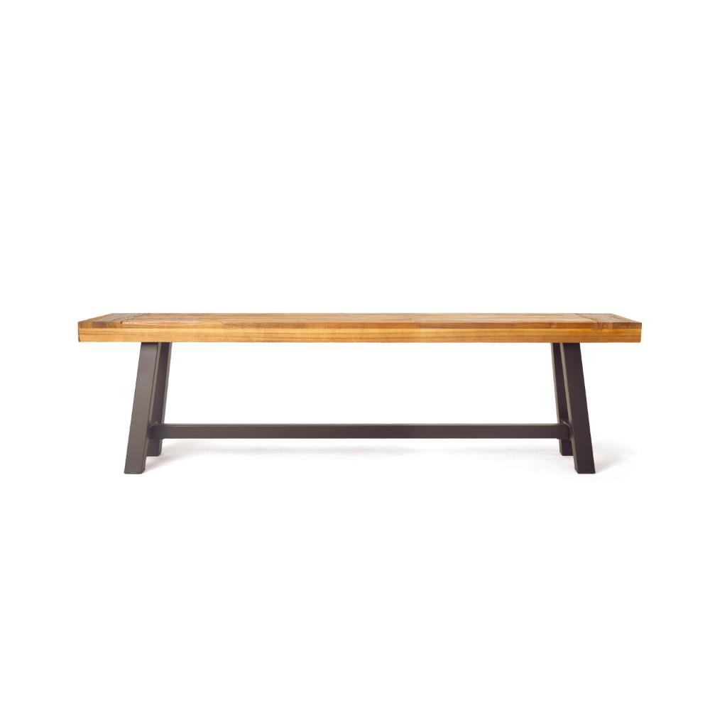 Benjara Leslee Outdoor Bench Set of 2, Light Brown Wood, Black Metal, 63 Inch