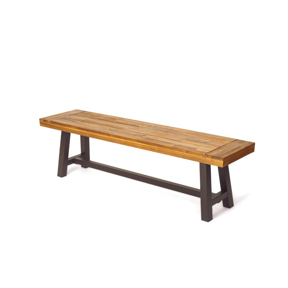 Benjara Leslee Outdoor Bench Set of 2, Light Brown Wood, Black Metal, 63 Inch