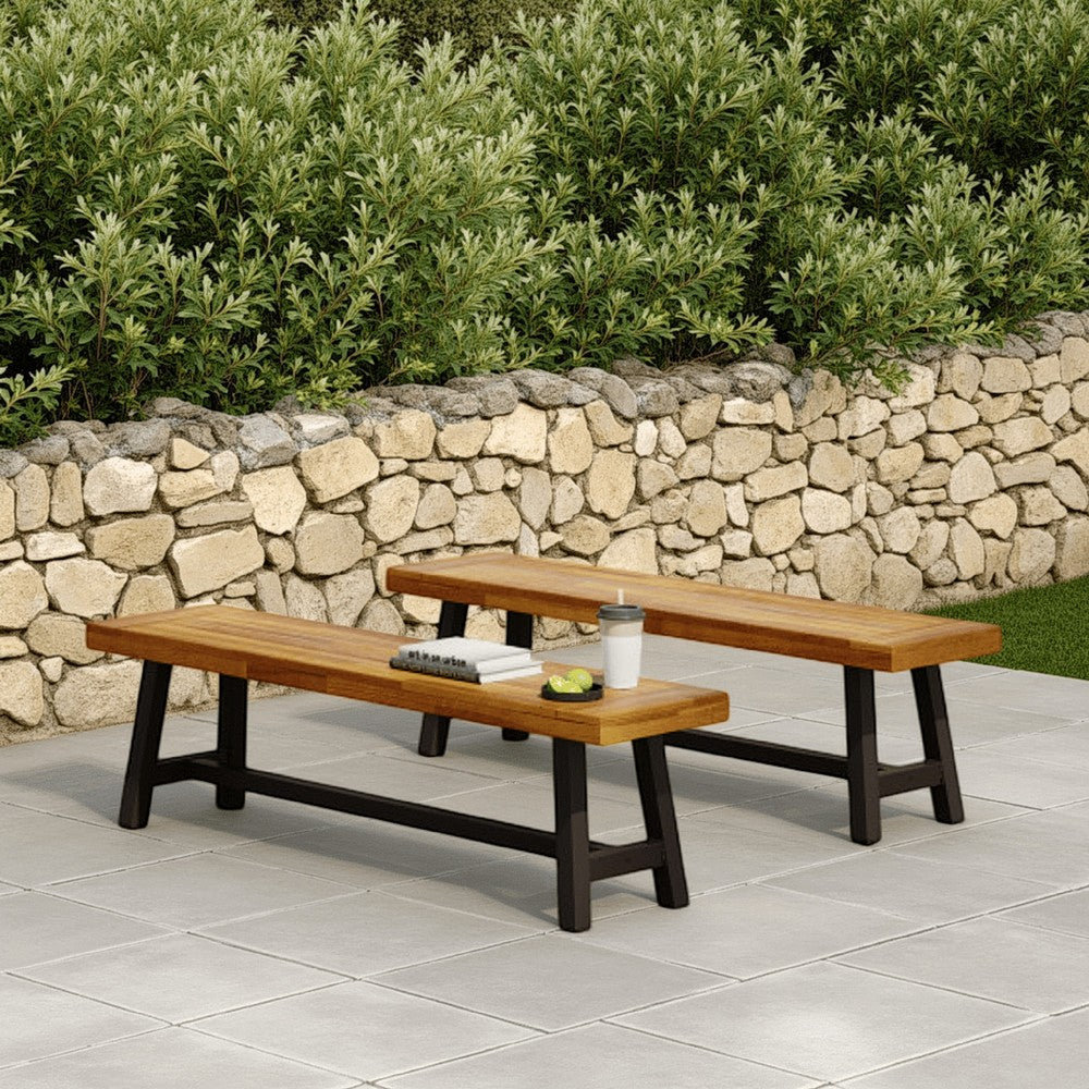 Benjara Leslee Outdoor Bench Set of 2, Light Brown Wood, Black Metal, 63 Inch