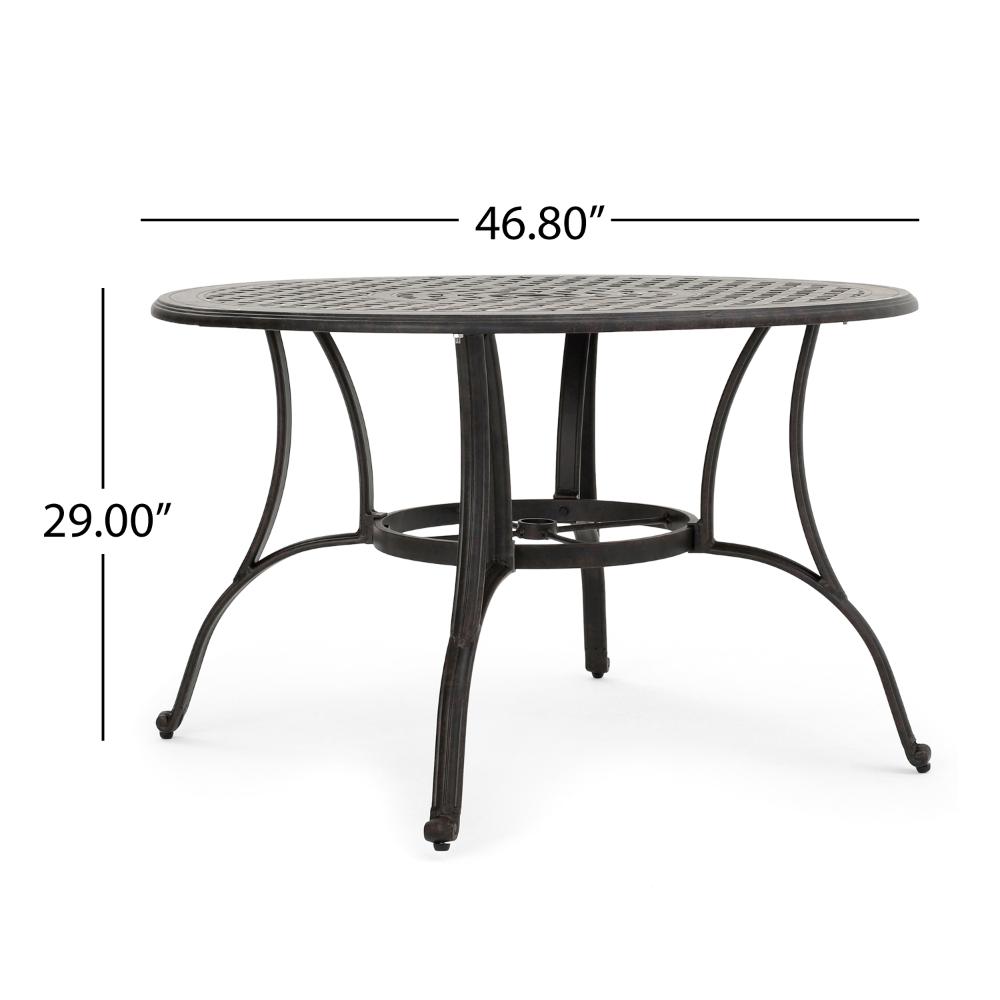 Benjara Simon Outdoor Dining Table, Round 47 Inch, Bronze Finished Cast Metal Frame