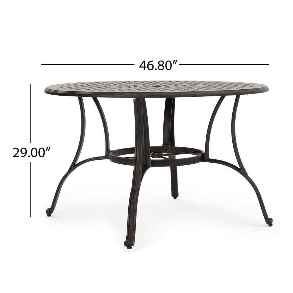 Benjara Simon Outdoor Dining Table, Round 47 Inch, Bronze Finished Cast Metal Frame