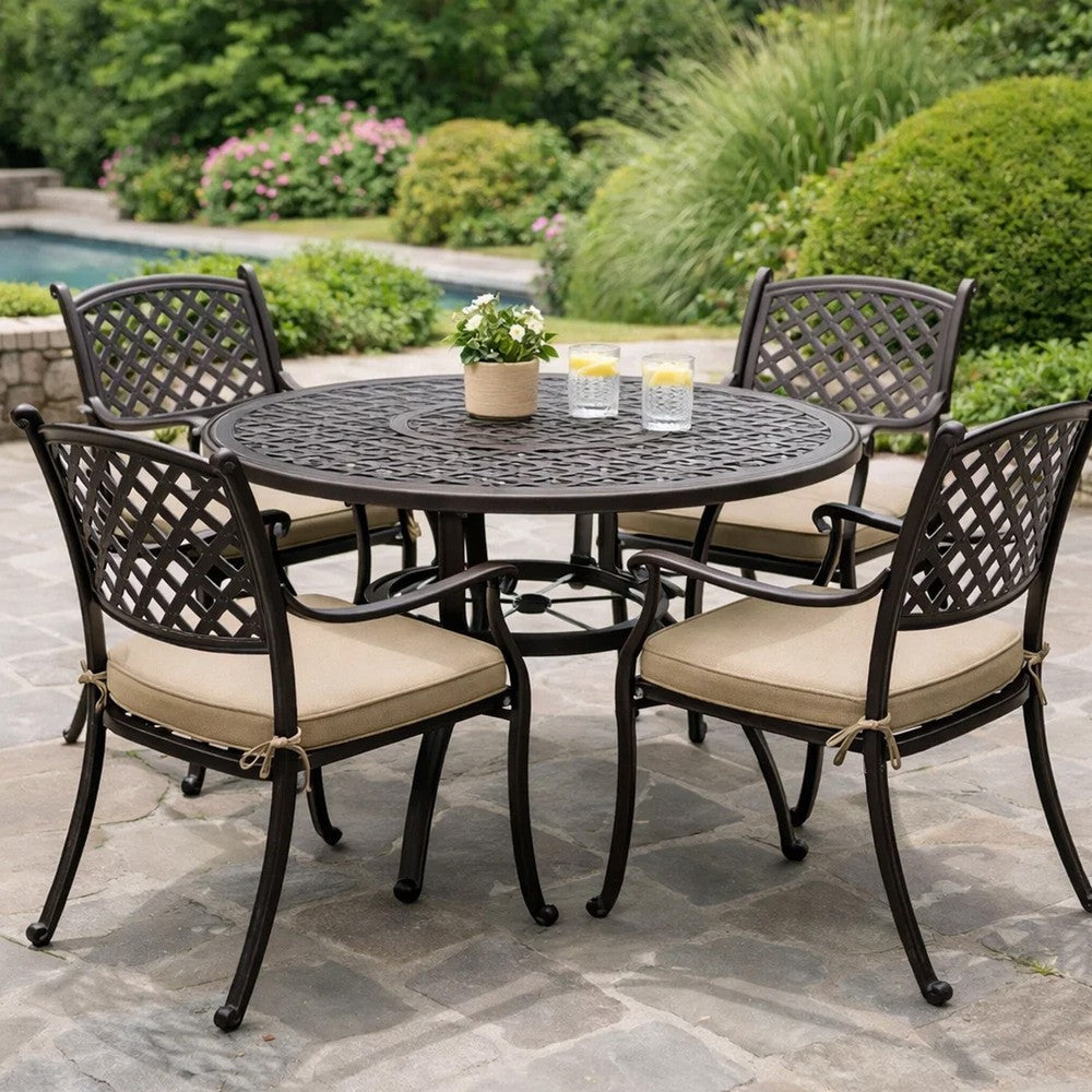 Benjara Simon Outdoor Dining Table, Round 47 Inch, Bronze Finished Cast Metal Frame