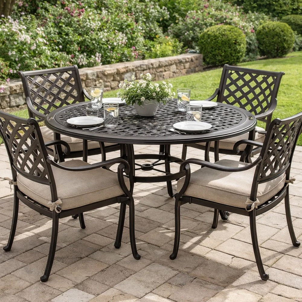 Benjara Simon Outdoor Dining Table, Round 47 Inch, Bronze Finished Cast Metal Frame