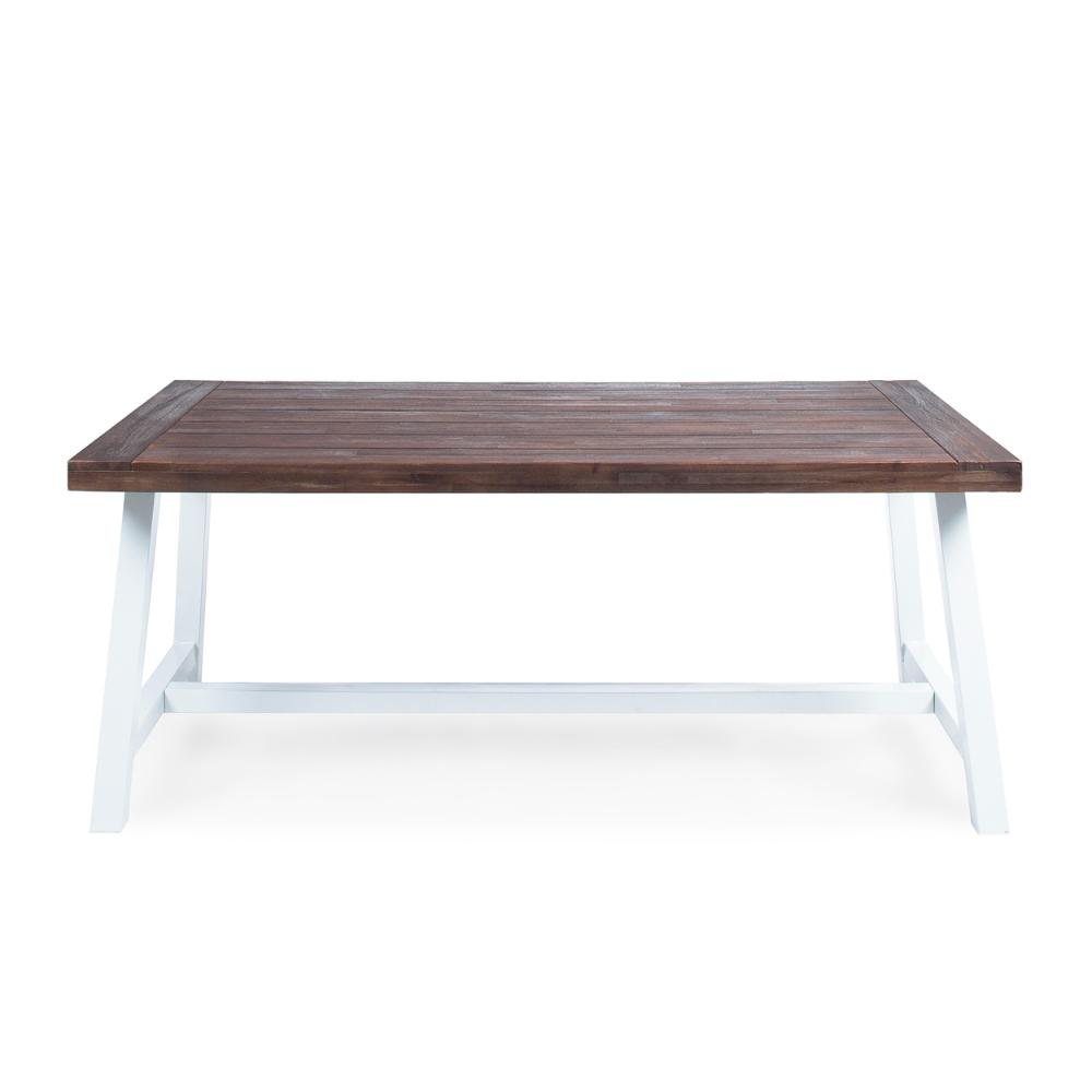 Benjara Nikay Outdoor Dining Table, Dark Brown Acacia Wood, White Iron, 71 Inch