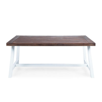 Benjara Nikay Outdoor Dining Table, Dark Brown Acacia Wood, White Iron, 71 Inch