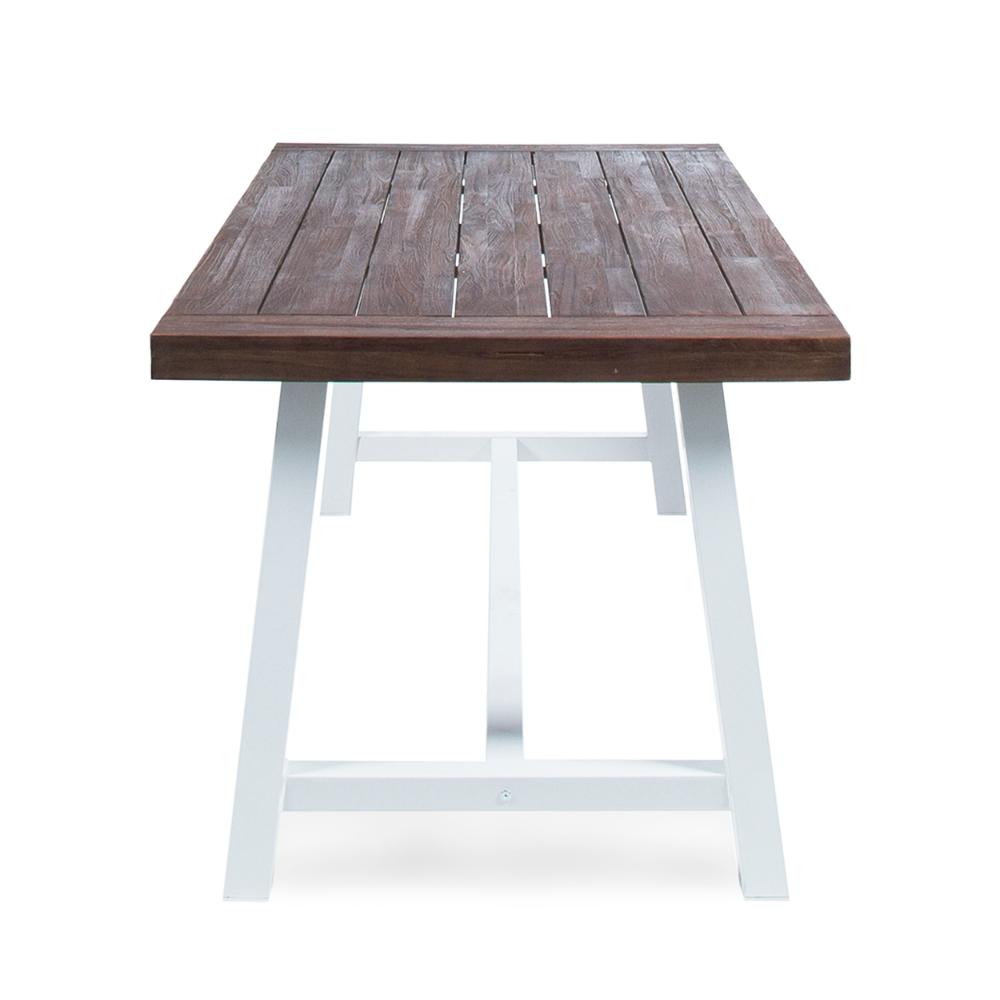 Benjara Nikay Outdoor Dining Table, Dark Brown Acacia Wood, White Iron, 71 Inch