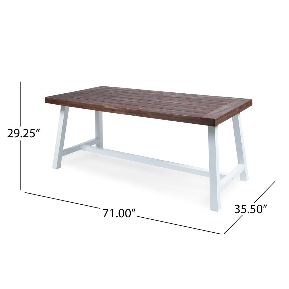 Benjara Nikay Outdoor Dining Table, Dark Brown Acacia Wood, White Iron, 71 Inch