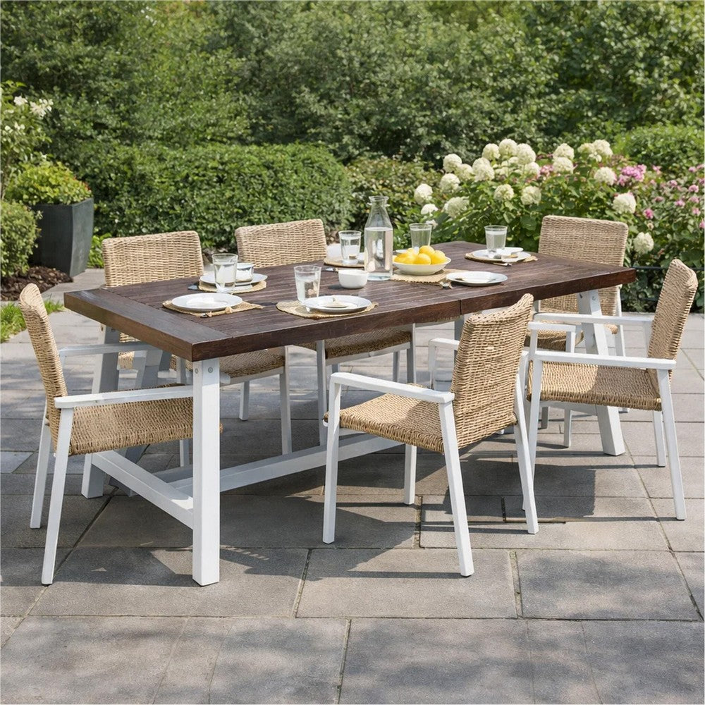 Benjara Nikay Outdoor Dining Table, Dark Brown Acacia Wood, White Iron, 71 Inch