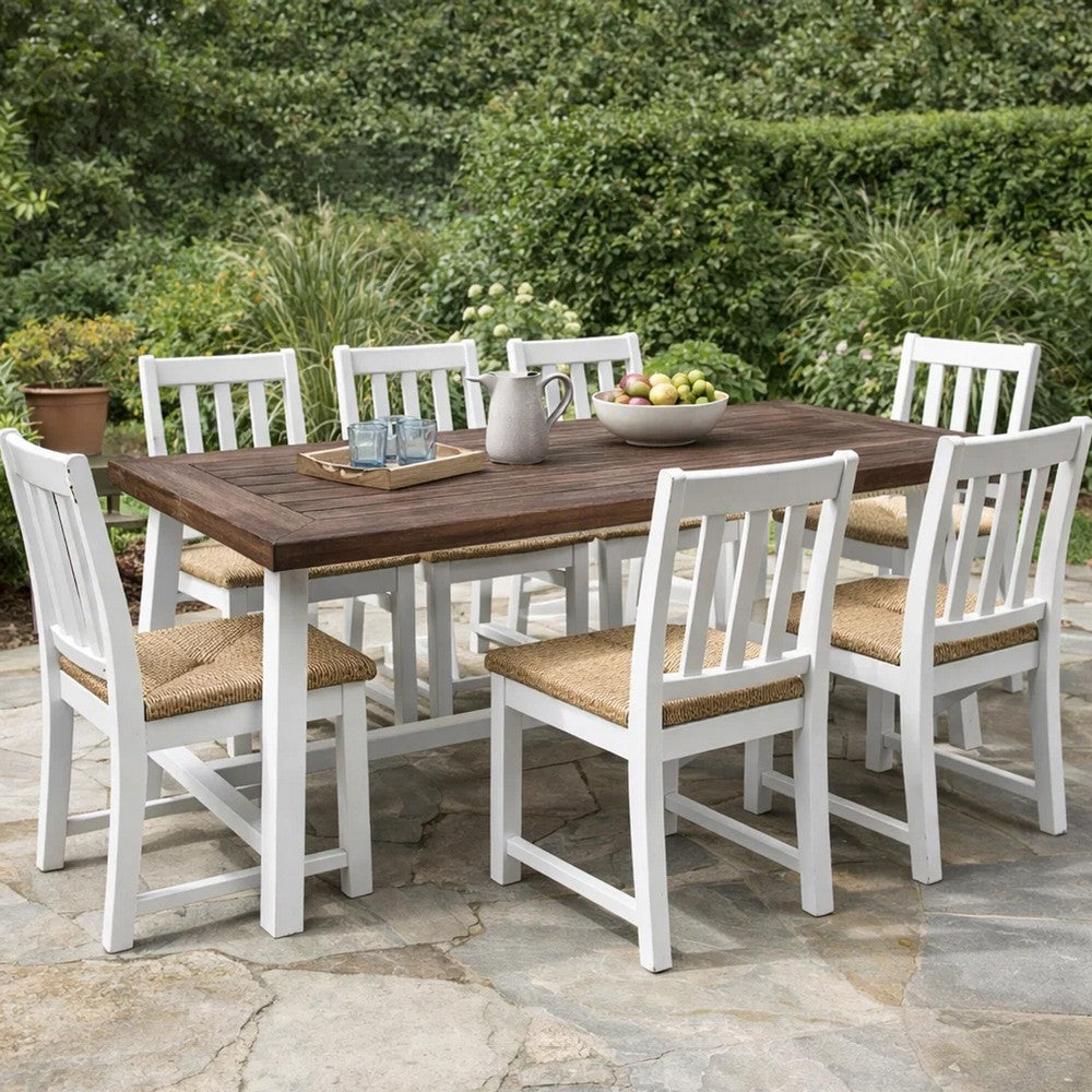 Benjara Nikay Outdoor Dining Table, Dark Brown Acacia Wood, White Iron, 71 Inch