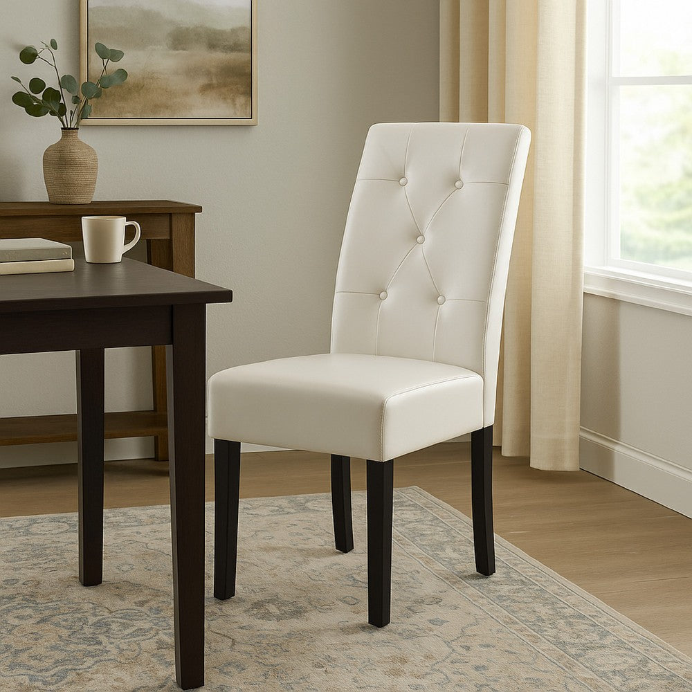 Benjara Alina Dining Chair Set of 2, Tufted Ivory Bonded Leather, Black Wood
