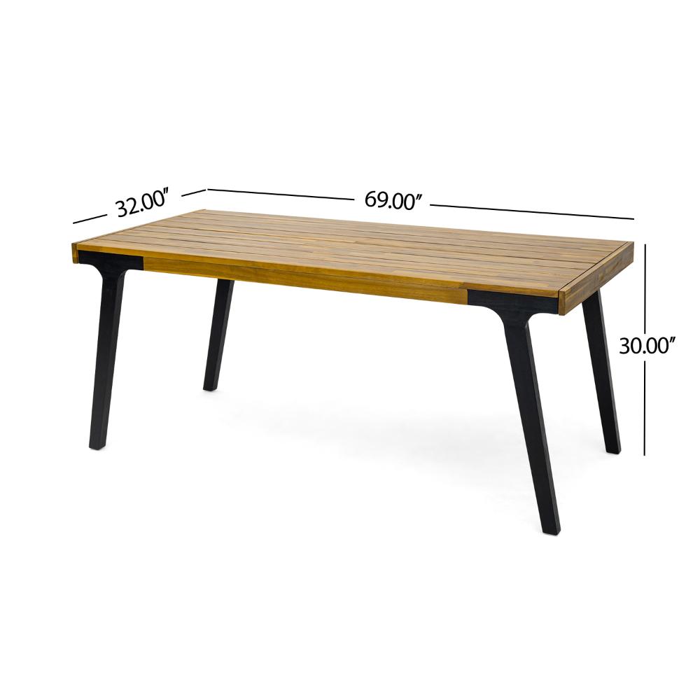Benjara Sheldon Outdoor Dining Table, Rectangular 69 Inch Brown Wood, Black