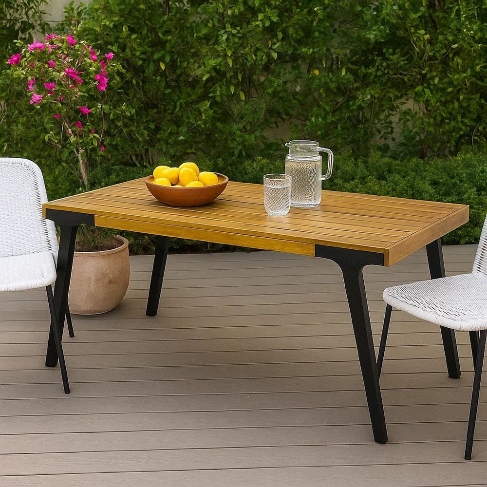 Benjara Sheldon Outdoor Dining Table, Rectangular 69 Inch Brown Wood, Black