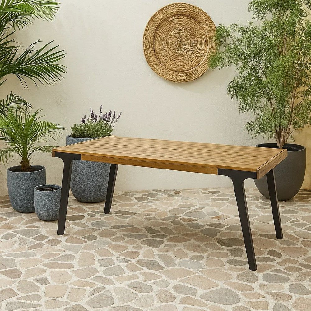 Benjara Sheldon Outdoor Dining Table, Rectangular 69 Inch Brown Wood, Black