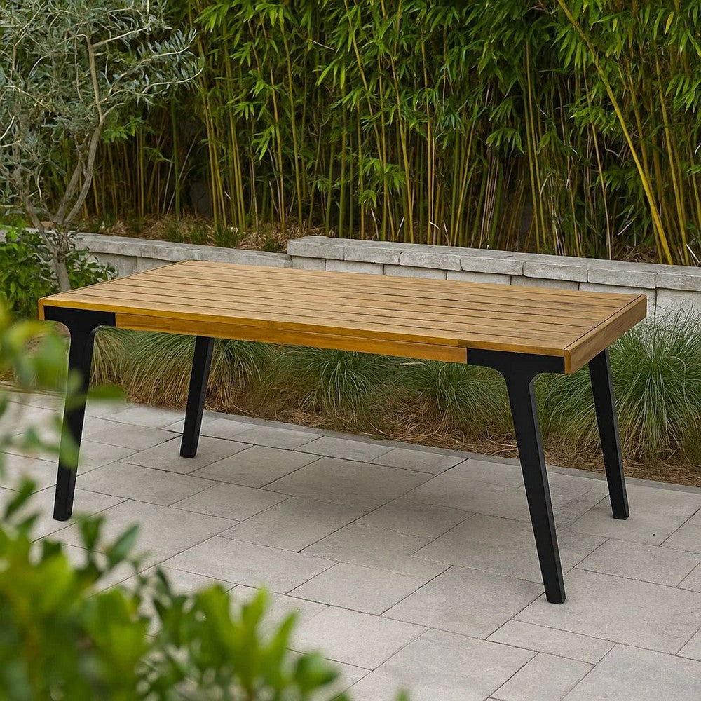 Benjara Sheldon Outdoor Dining Table, Rectangular 69 Inch Brown Wood, Black