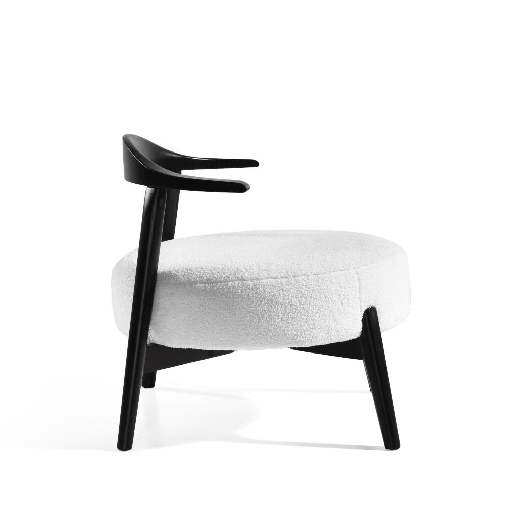 Benjara Noel Accent Chair, White Fabric, Round Foam Cushion, Black Wood Frame