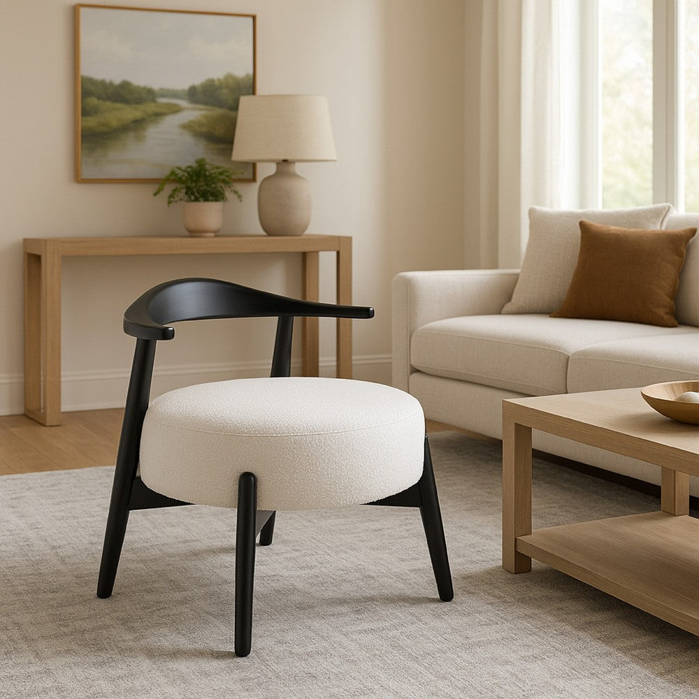 Benjara Noel Accent Chair, White Fabric, Round Foam Cushion, Black Wood Frame
