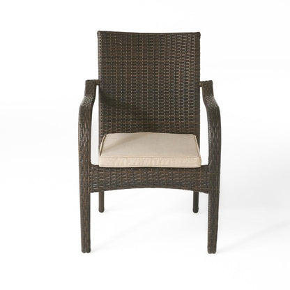 Benjara Laila Outdoor Stackable Dining Chair Set of 4, Beige Seat Brown Rattan