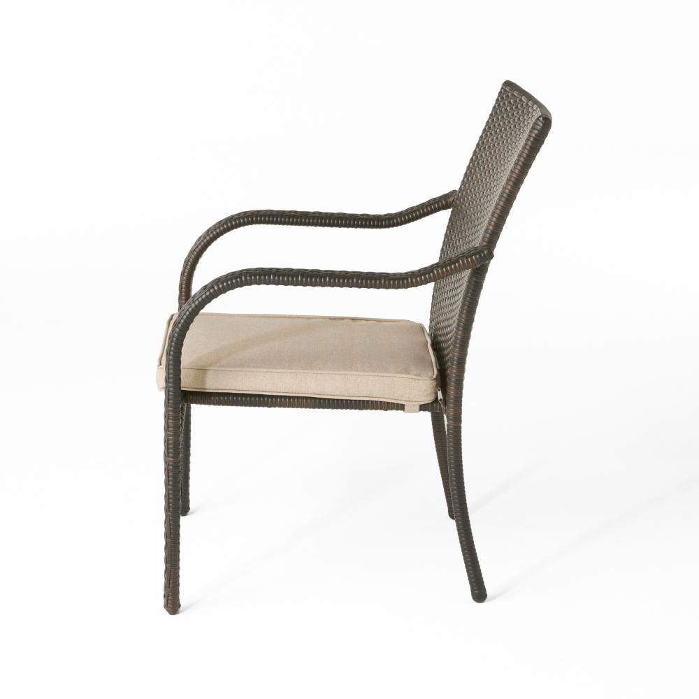 Benjara Laila Outdoor Stackable Dining Chair Set of 4, Beige Seat Brown Rattan
