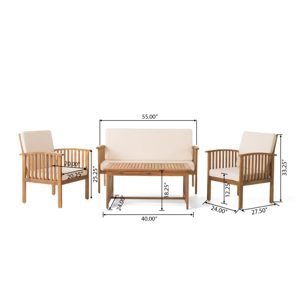 Benjara Sayan 4pc Outdoor Coffee Table Set, Loveseat, 2 Chairs, Beige, Brown