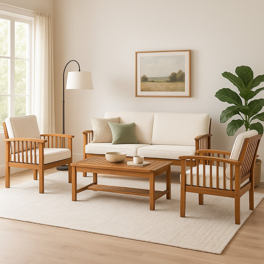 Benjara Sayan 4pc Outdoor Coffee Table Set, Loveseat, 2 Chairs, Beige, Brown