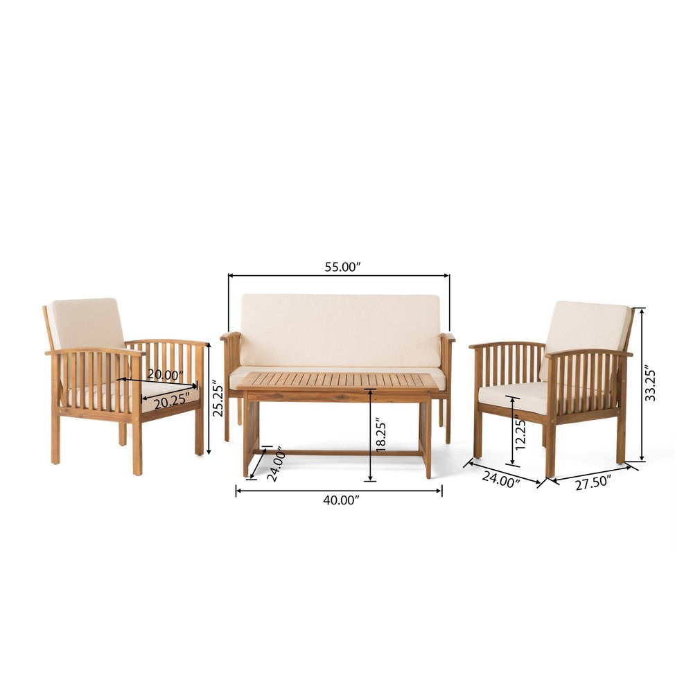 Benjara Sayan 4pc Outdoor Coffee Table Set, Loveseat, 2 Chairs, Beige, Brown