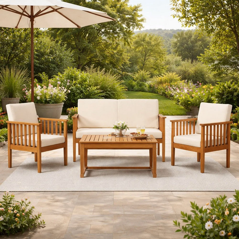 Benjara Sayan 4pc Outdoor Coffee Table Set, Loveseat, 2 Chairs, Beige, Brown