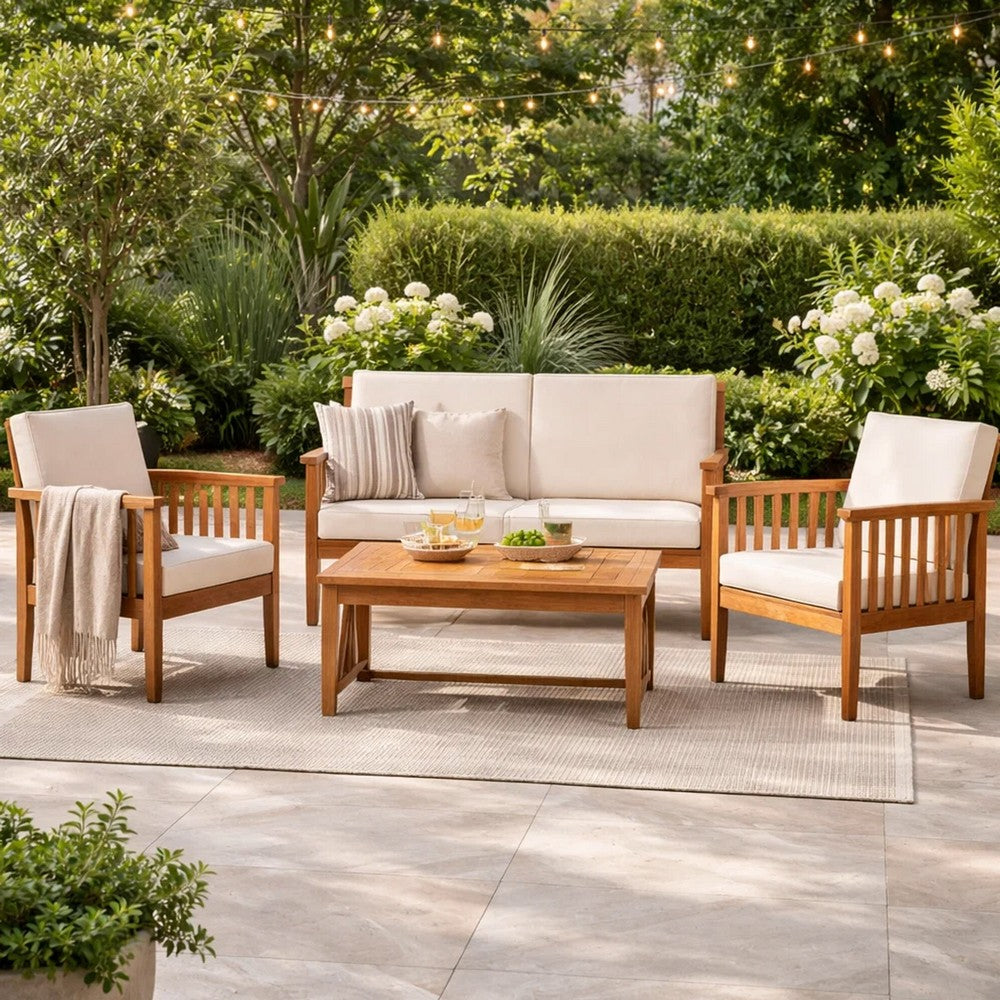 Benjara Sayan 4pc Outdoor Coffee Table Set, Loveseat, 2 Chairs, Beige, Brown