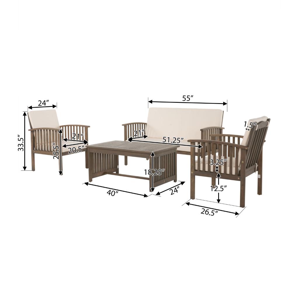 Benjara Sayan 4pc Outdoor Coffee Table Set, Loveseat, 2 Chairs, Beige And Gray