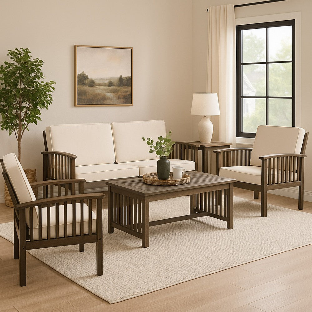 Benjara Sayan 4pc Outdoor Coffee Table Set, Loveseat, 2 Chairs, Beige And Gray