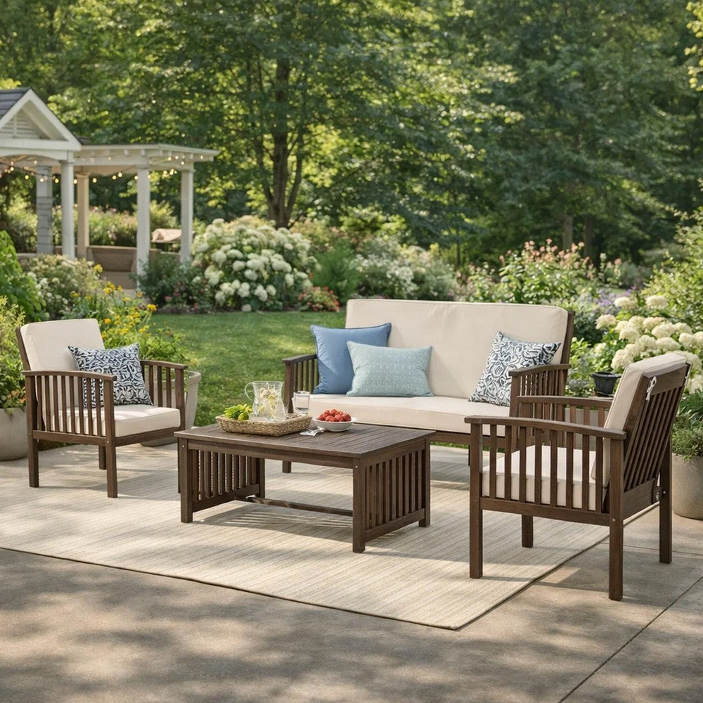 Benjara Sayan 4pc Outdoor Coffee Table Set, Loveseat, 2 Chairs, Beige And Gray