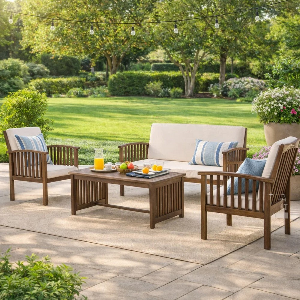 Benjara Sayan 4pc Outdoor Coffee Table Set, Loveseat, 2 Chairs, Beige And Gray