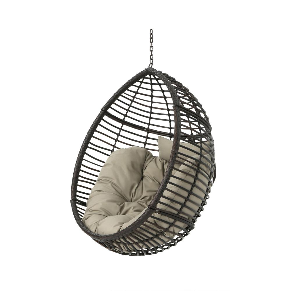 Benjara Jaya Outdoor Hanging Chair, Basket Shape, Khaki Brown Rattan, 47 Inch