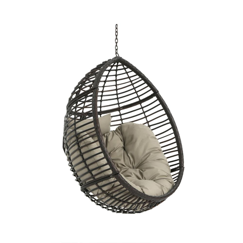 Benjara Jaya Outdoor Hanging Chair, Basket Shape, Khaki Brown Rattan, 47 Inch