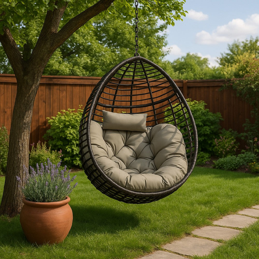 Benjara Jaya Outdoor Hanging Chair, Basket Shape, Khaki Brown Rattan, 47 Inch