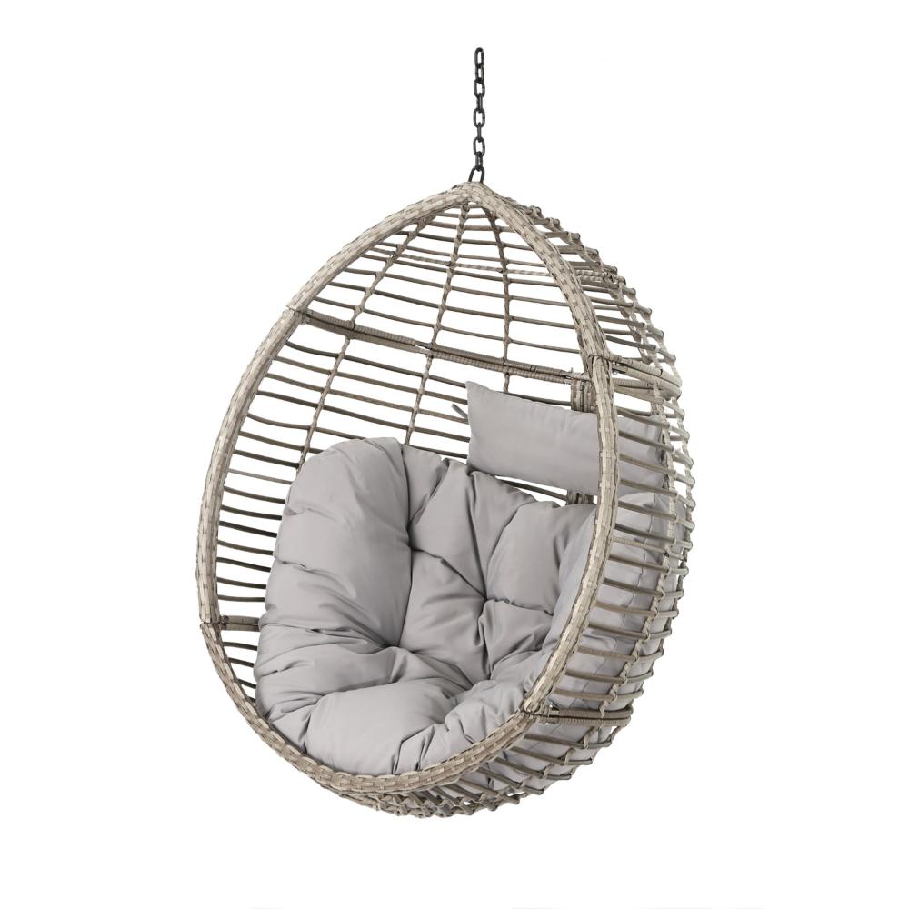 Benjara Jaya Outdoor Hanging Chair, Basket Shape, Gray Rattan, Steel, 47 Inch