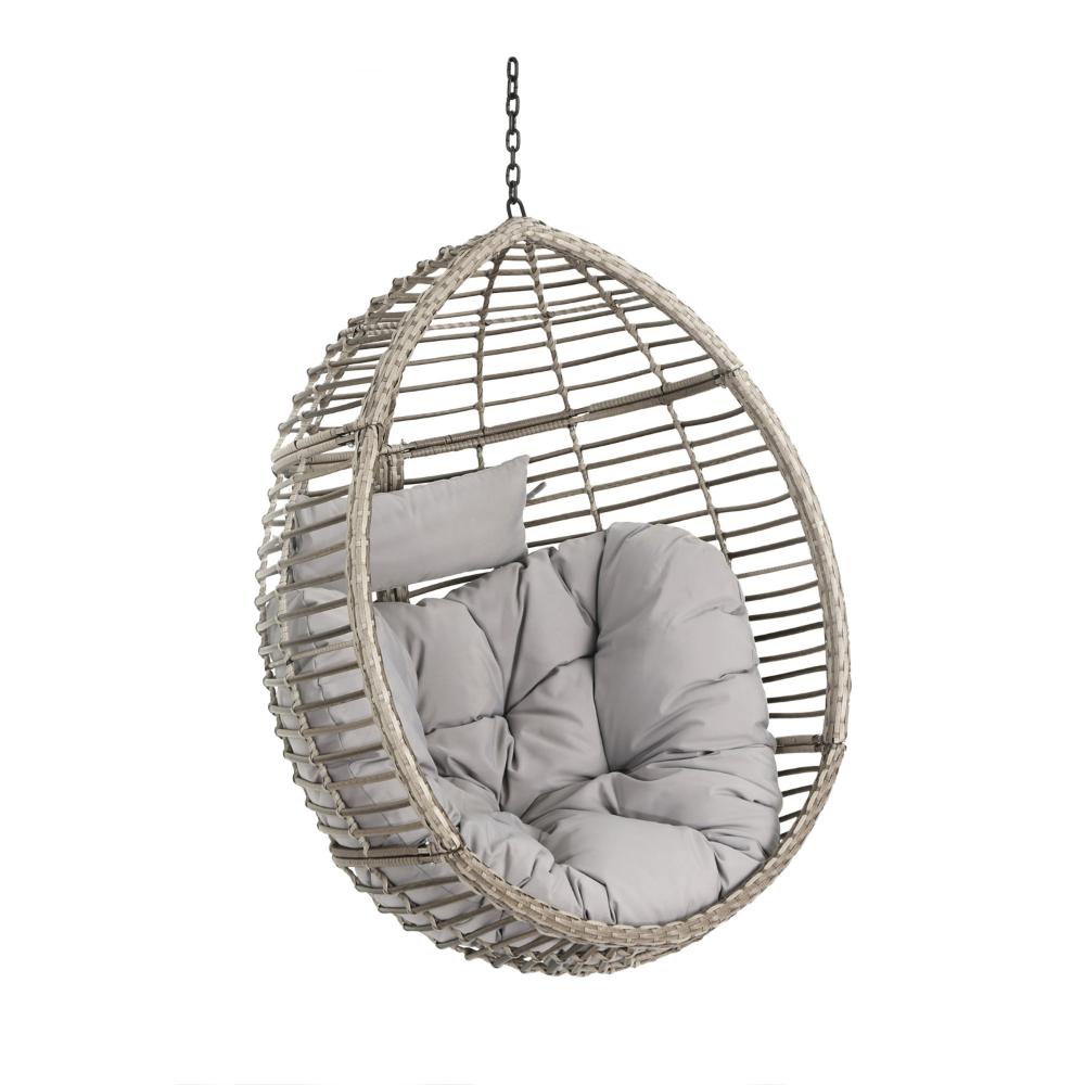 Benjara Jaya Outdoor Hanging Chair, Basket Shape, Gray Rattan, Steel, 47 Inch