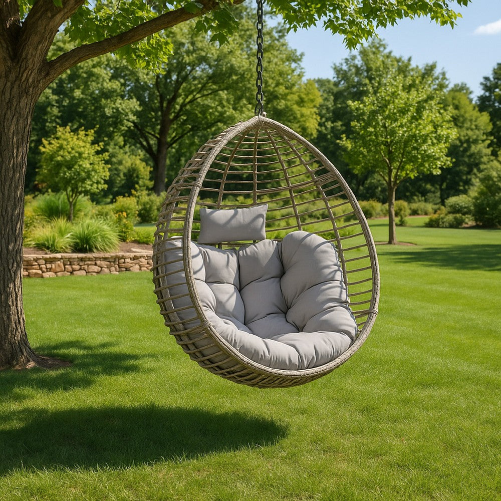 Benjara Jaya Outdoor Hanging Chair, Basket Shape, Gray Rattan, Steel, 47 Inch