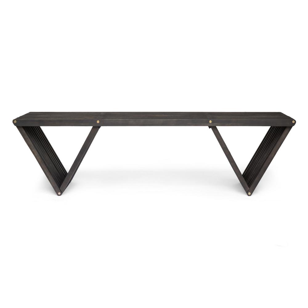 Benjara Riah Outdoor Bench, Angled Legs, Slatted 63 Inch Dark Gray Acacia Wood