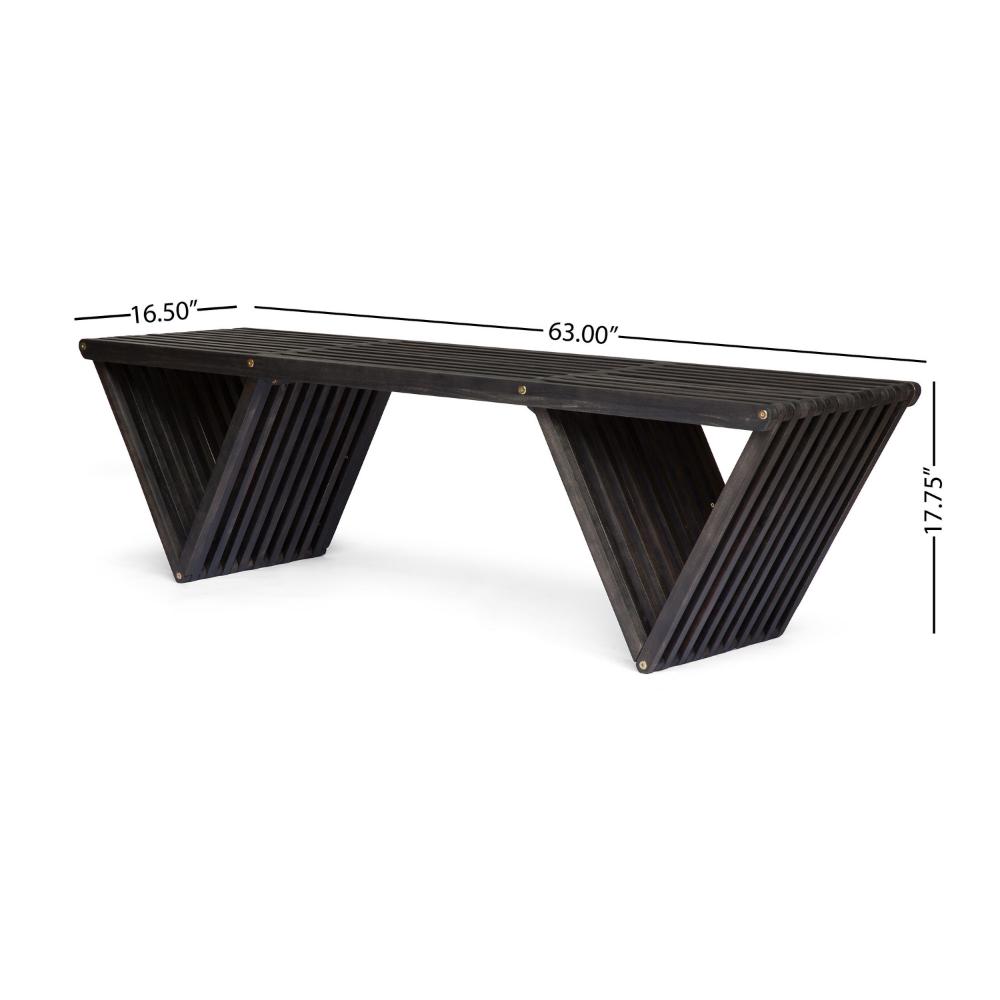 Benjara Riah Outdoor Bench, Angled Legs, Slatted 63 Inch Dark Gray Acacia Wood