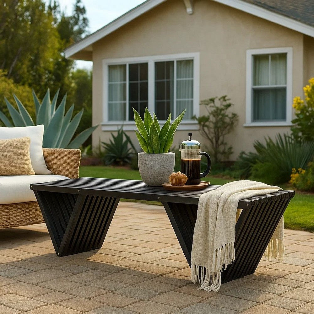 Benjara Riah Outdoor Bench, Angled Legs, Slatted 63 Inch Dark Gray Acacia Wood