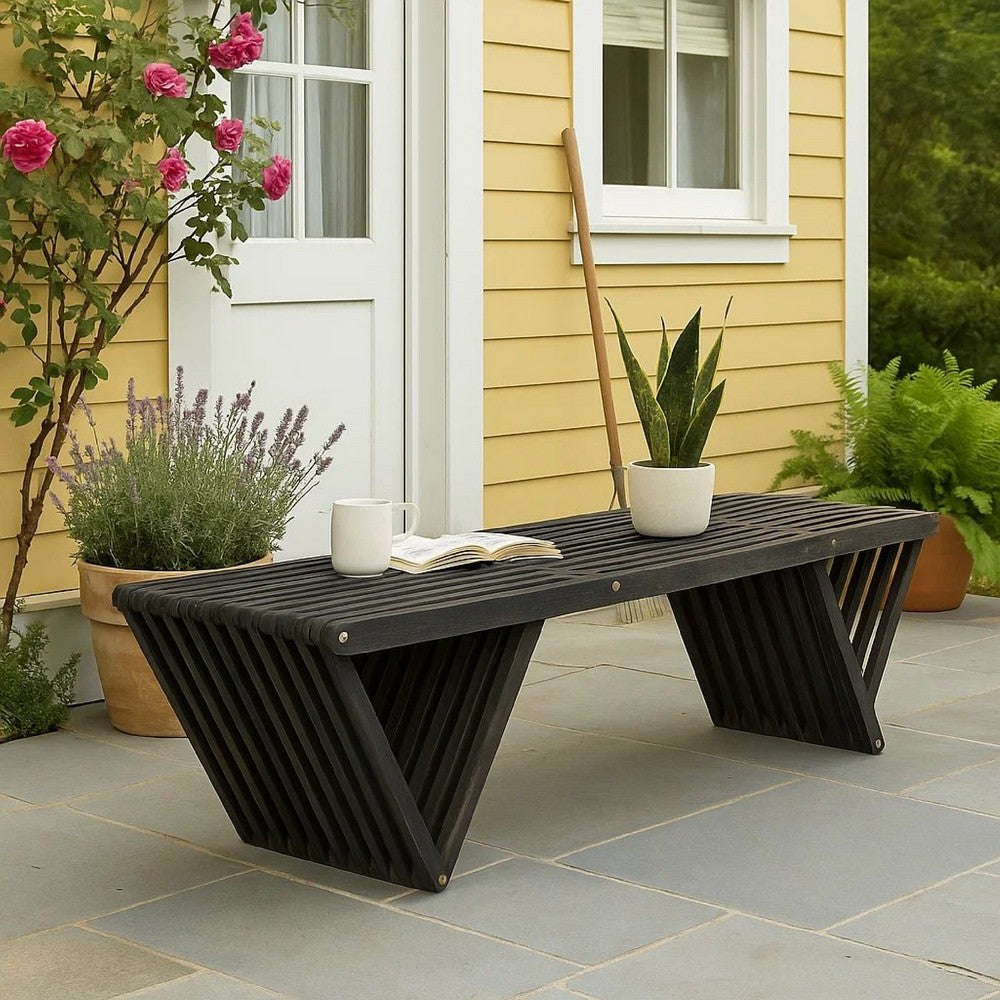 Benjara Riah Outdoor Bench, Angled Legs, Slatted 63 Inch Dark Gray Acacia Wood