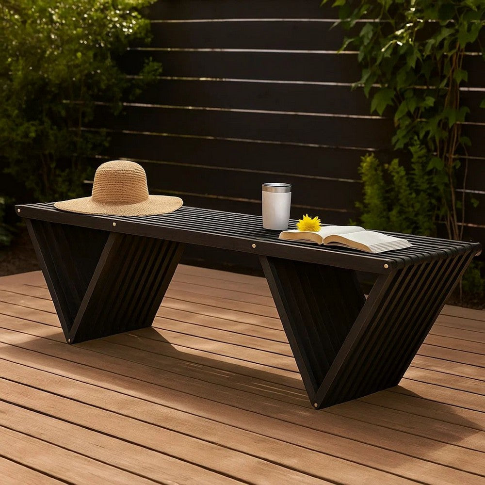 Benjara Riah Outdoor Bench, Angled Legs, Slatted 63 Inch Dark Gray Acacia Wood