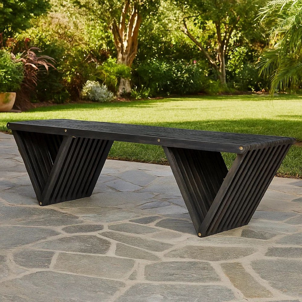 Benjara Riah Outdoor Bench, Angled Legs, Slatted 63 Inch Dark Gray Acacia Wood