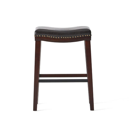 Benjara Clare Barstool Set of 2, Black Faux Leather, Nailhead Trim, Dark Brown