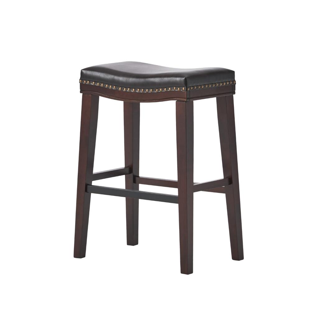 Benjara Clare Barstool Set of 2, Black Faux Leather, Nailhead Trim, Dark Brown