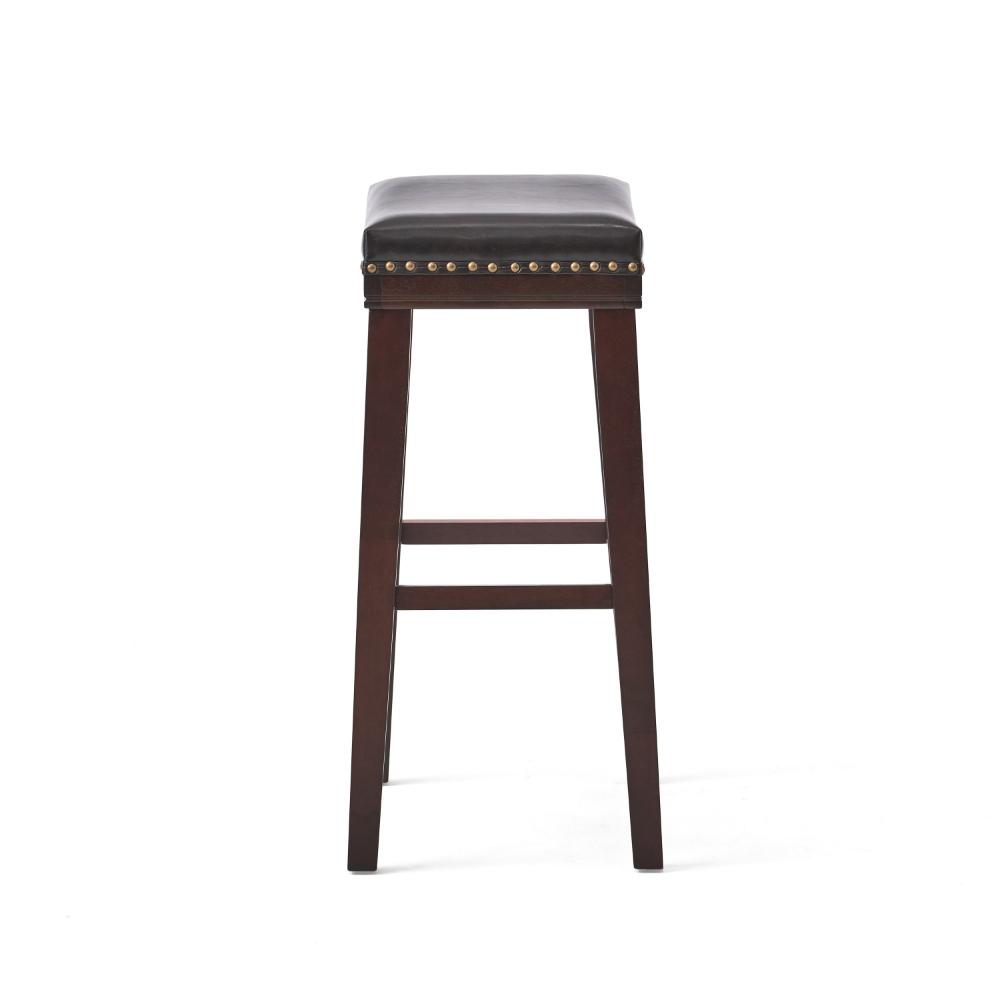 Benjara Clare Barstool Set of 2, Black Faux Leather, Nailhead Trim, Dark Brown