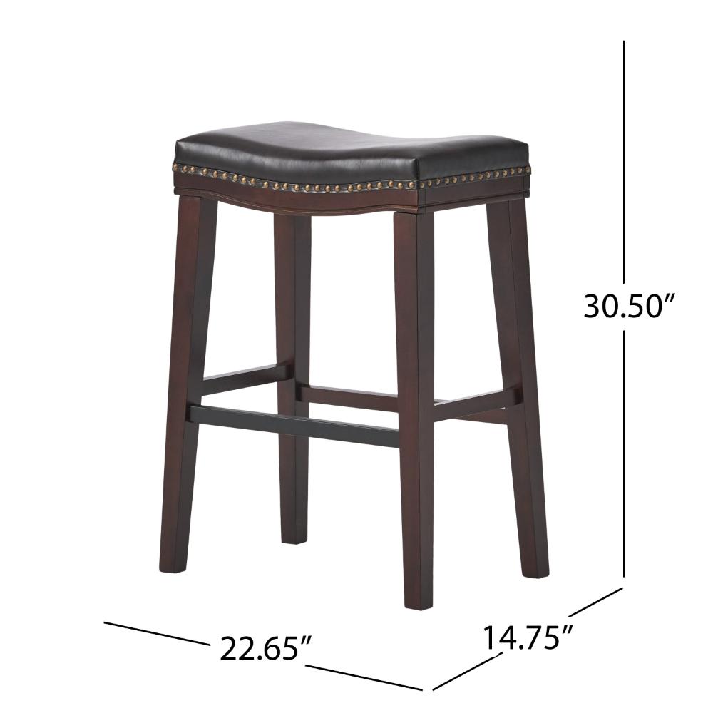 Benjara Clare Barstool Set of 2, Black Faux Leather, Nailhead Trim, Dark Brown