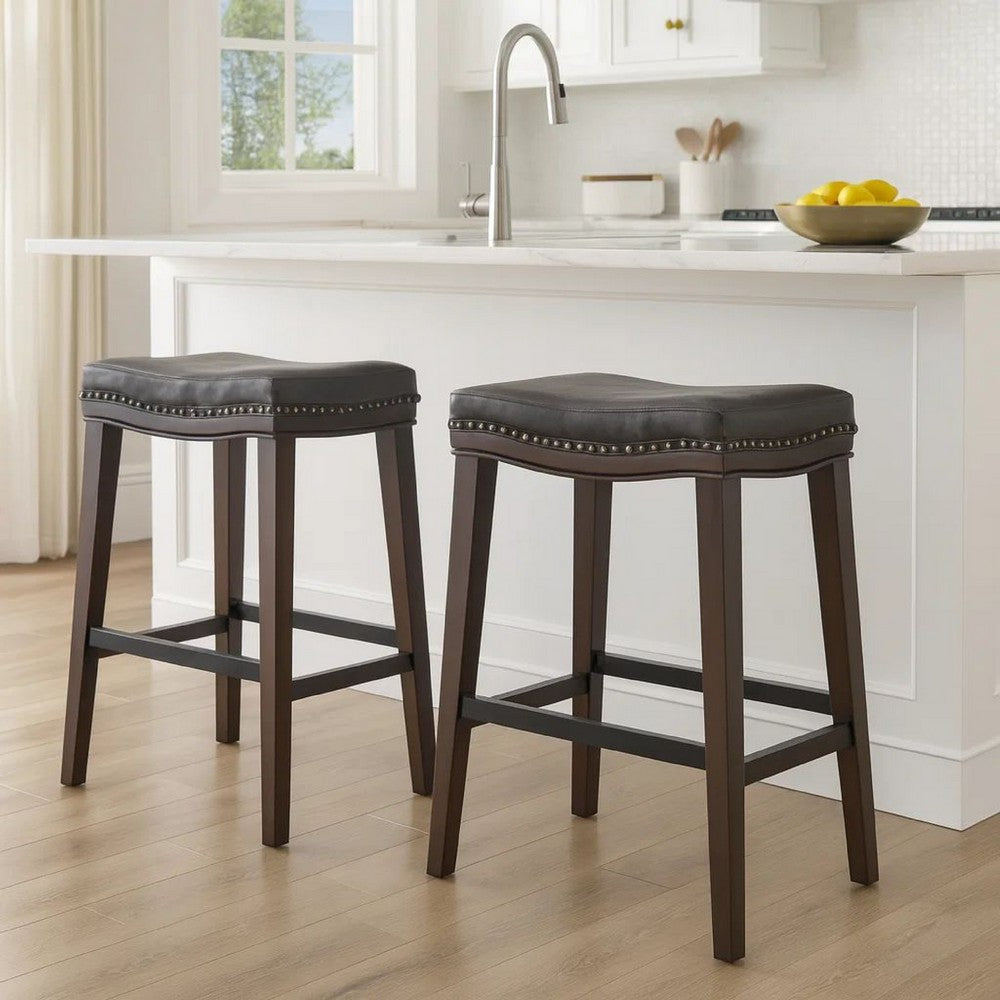 Benjara Clare Barstool Set of 2, Black Faux Leather, Nailhead Trim, Dark Brown