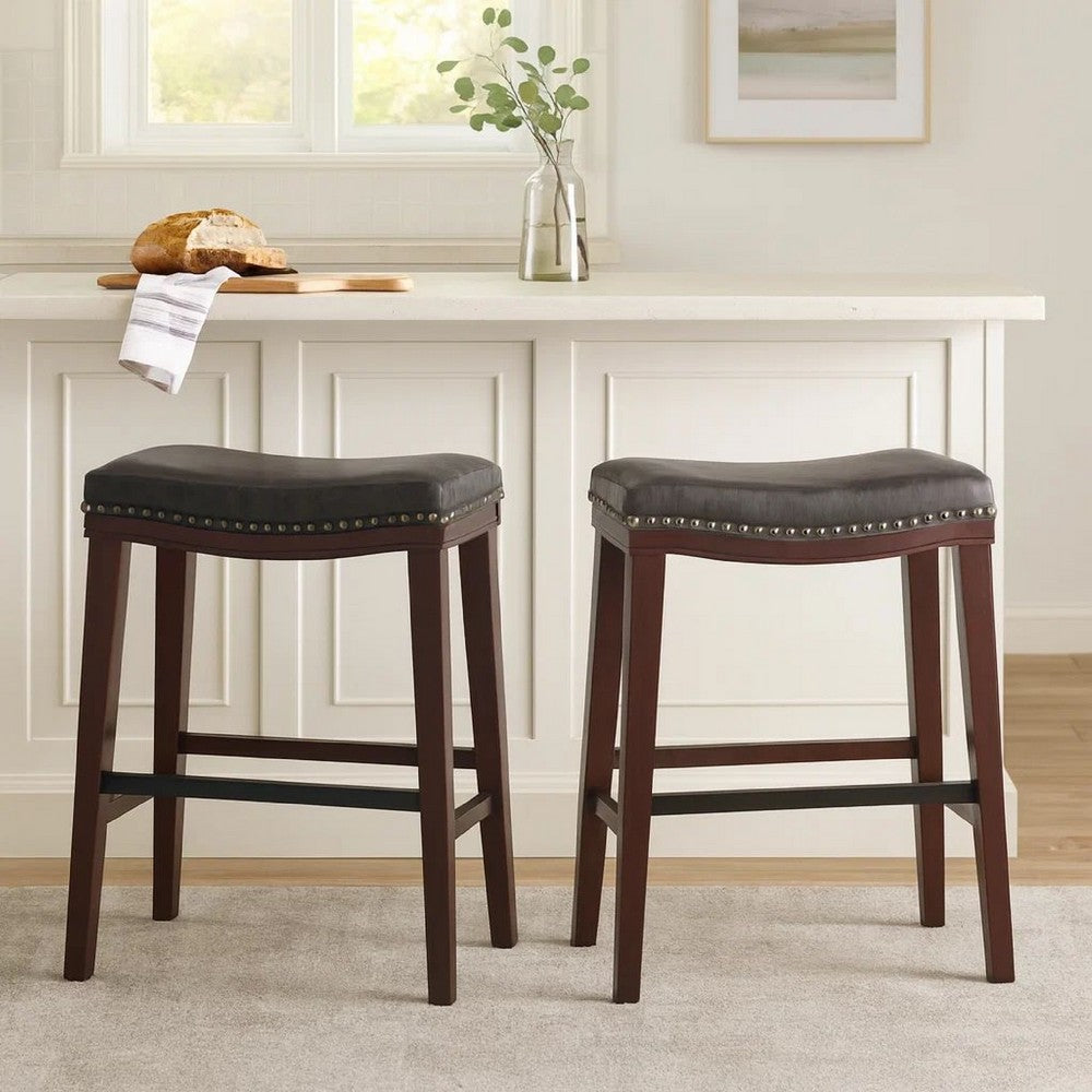 Benjara Clare Barstool Set of 2, Black Faux Leather, Nailhead Trim, Dark Brown
