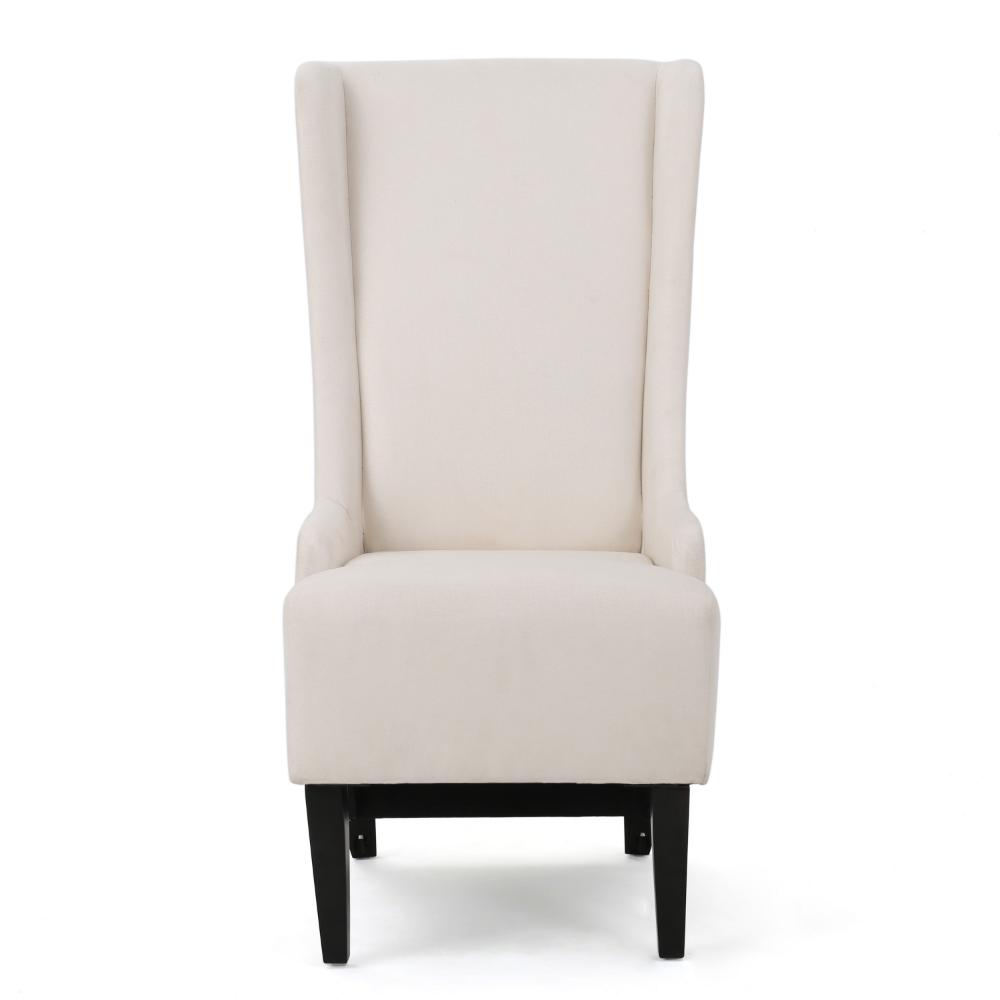 Benjara Becca Dining Chair, Beige Fabric, High Wingback, Tapered Black Legs